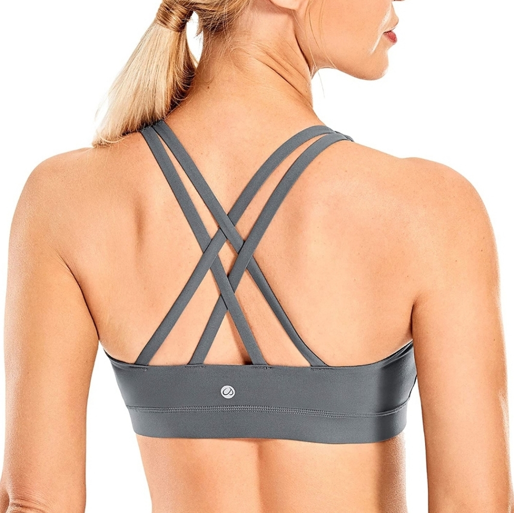 Brand New Crz Yoga Sports Bra Crop Top Cute Strappy Criss Cross Back Carbon Grey